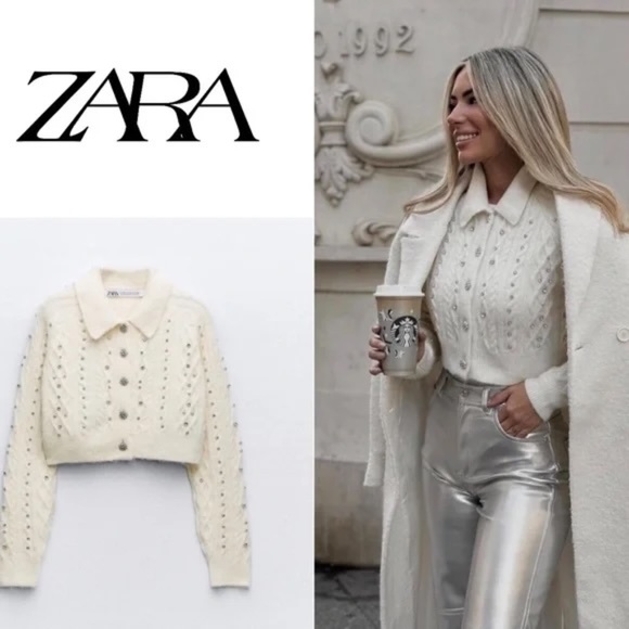 ZARA BEADED CROP KNIT CARDIGAN NWT SET (MEDIUM) - Picture 2 of 7